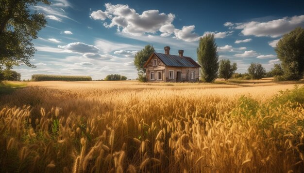 Ruhiger ländlicher Sonnenuntergang über einem alten Bauernhaus auf der Weizenwiese, generiert durch KI