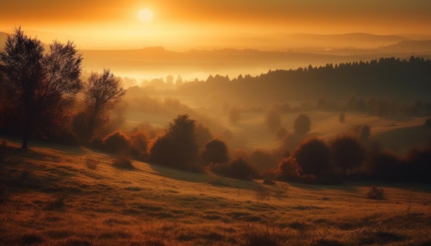 Kostenloses Foto ruhiger sonnenaufgang über nebliger herbstwaldlandschaft, generiert von ki