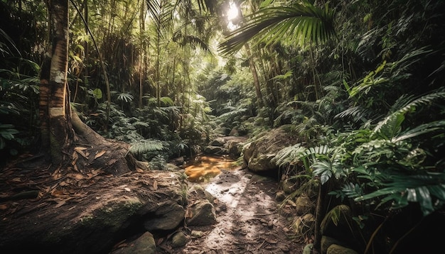 Kostenloses Foto ruhiger tropischer regenwald grüne palmen fließendes wasser ruhige landschaft erzeugt durch künstliche intelligenz