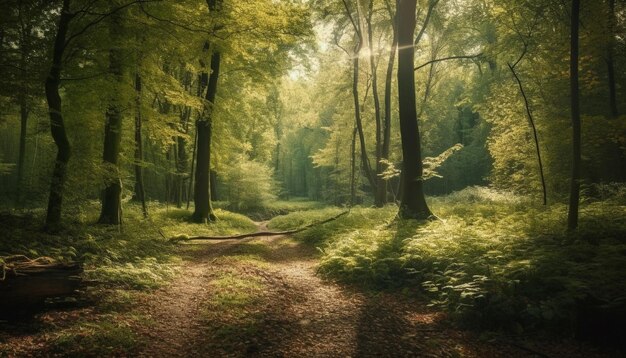 Ruhiger Waldweg Herbstlaub knirscht unter den Füßen, erzeugt von KI