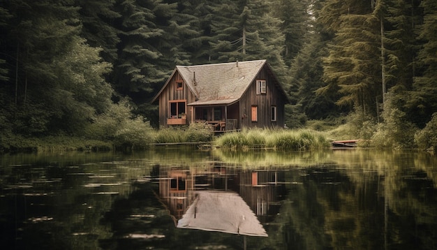 Rustikale Blockhütte, eingebettet in eine ruhige Berglandschaft an einem von KI erzeugten Teich