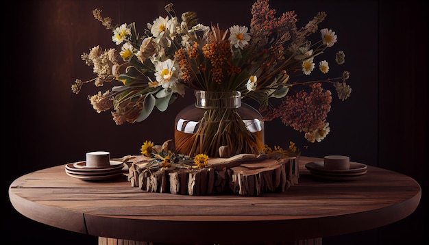 Kostenloses Foto rustikale blumenvase schmückt den von ki generierten holztisch im innenbereich