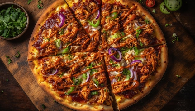 Rustikale Pizza, gebacken auf Holz, mit frischen Zutaten, erzeugt durch KI