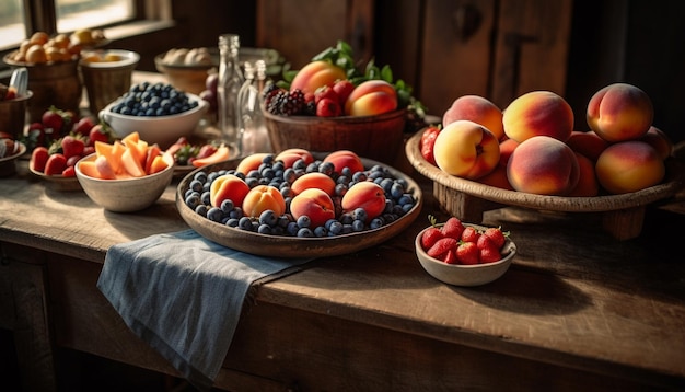 Kostenloses Foto rustikale schüssel mit frischen, von ki erzeugten bio-beerenfrüchten