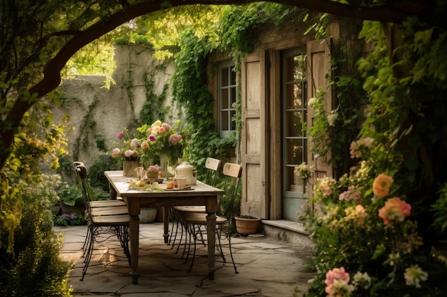 Rustikale Terrasse mit Gartenmöbeln und Vegetation