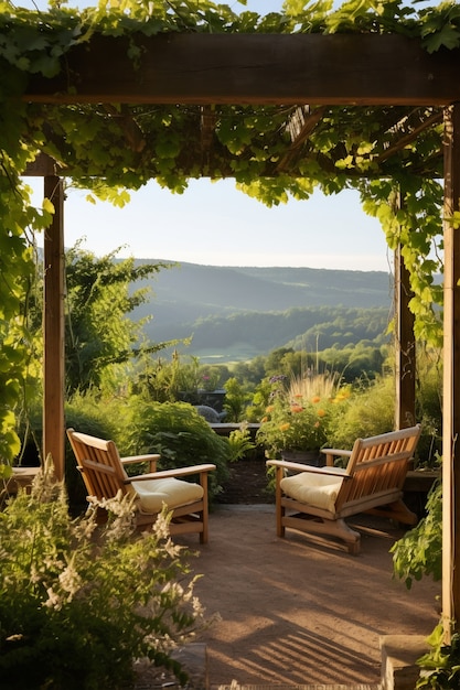 Rustikale Terrassenmöbel auf der Hausterrasse mit Vegetation