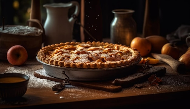 Rustikaler Apfelkuchen auf Holztisch, fertig zum Verzehr, generiert von KI