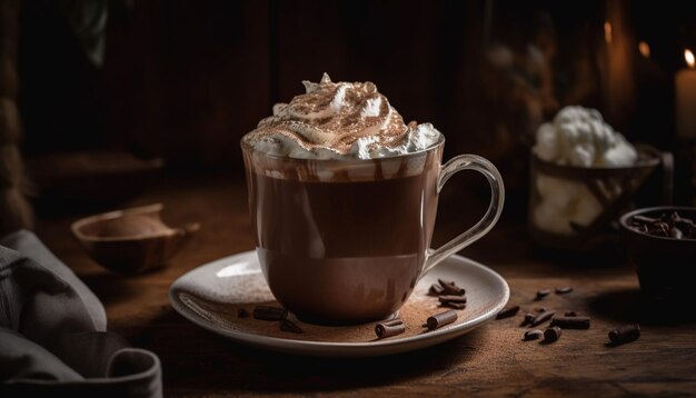 Rustikaler Couchtisch sorgt für schaumige Latte-Stimmung, die von KI erzeugt wird