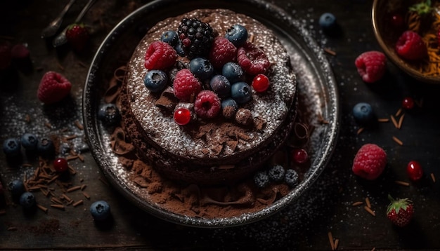 Rustikaler Tisch mit hausgemachtem Beerendessert-Genuss durch KI