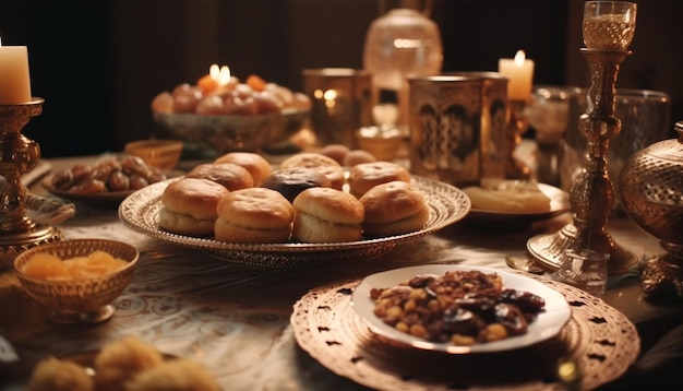 Rustikaler Tisch mit süßem Genuss, hausgemachten Schokoladenmuffins, die von KI erzeugt wurden