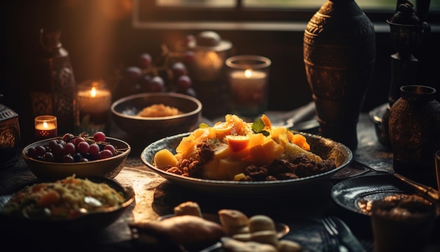 Rustikales Gourmet-Herbstfest bei Kerzenlicht, generiert von KI