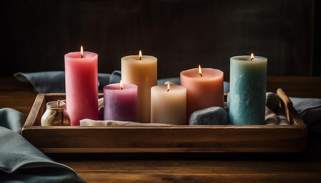 Rustikales Kerzenlicht bringt Wärme in die ruhige, von KI erzeugte Winter-Spa-Behandlung