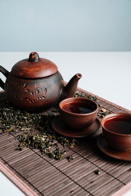 Rustikales Set aus Teekanne und Tassen mit Kräutern