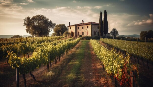 Rustikales Weingut in der Chianti-Region, ruhiger Sonnenuntergang, erzeugt durch KI