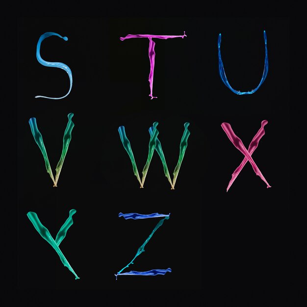 S bis Z Buchstaben gebildet durch buntes Aquarell auf dunklem Hintergrund