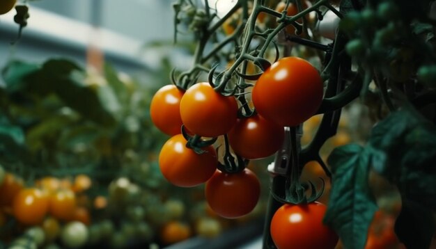 Saftige Kirschtomaten, reif und mehrfarbig, erzeugt durch KI