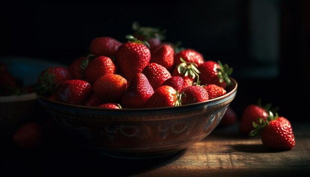 Saftige reife Erdbeere in Bio-Obstschale, die von KI erzeugt wird