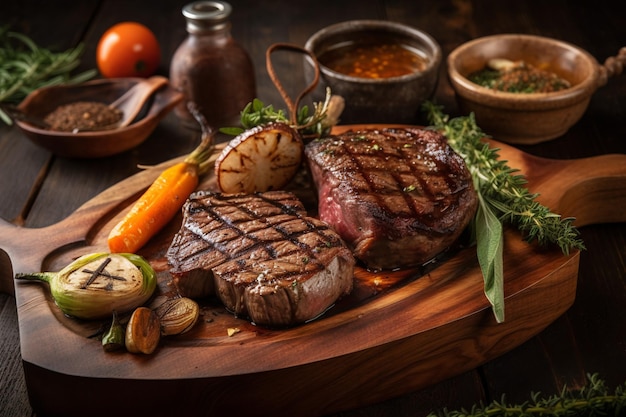 Kostenloses Foto saftiges steak mittelrares rindfleisch mit gewürzen und gegrilltem gemüse