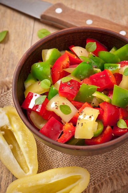 Salat aus süßen bunten Paprika mit Olivenöl