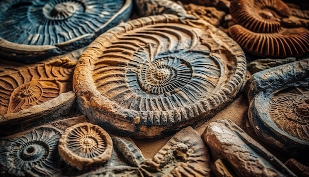 Kostenloses Foto sammlung antiker tierschalen, fossilien, weichtiere und nautilus in hülle und fülle, generiert durch ki