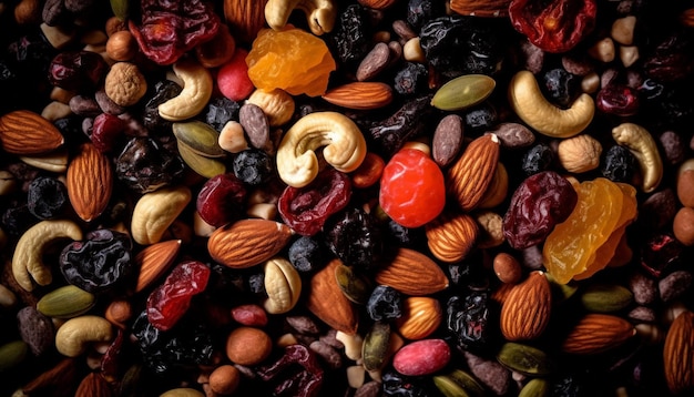 Sammlung gesunder Snacks aus Bio-Nüssen und -Obst, die von KI erzeugt werden