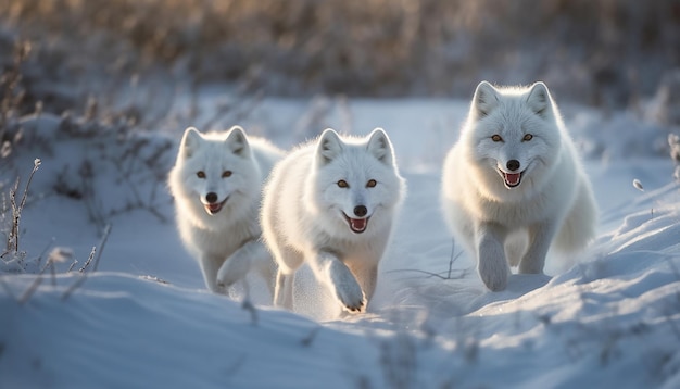 Samoyed-Welpe, der im Winterschnee läuft, spielerischer Spaß generative KI