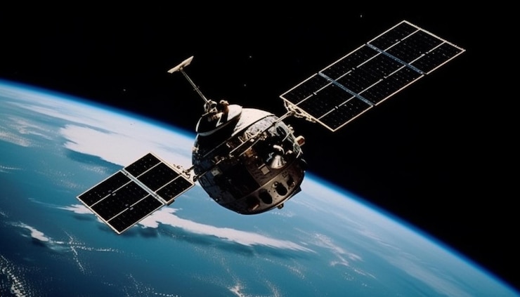 Kostenlose Foto satellit, der einen planeten umkreist und von ki generierte globale kommunikationstechnologie überträgt