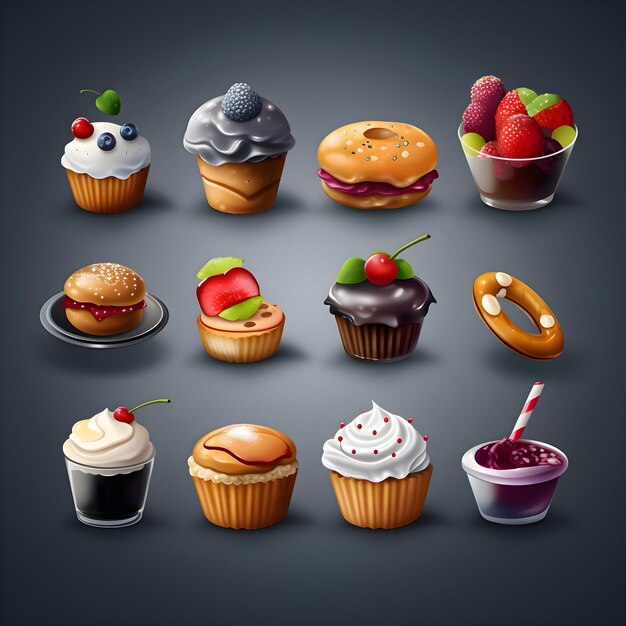 Satz von Cupcakes und Muffins mit verschiedenen Toppings Vektor-Illustration