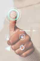 Kostenloses Foto scannen des fingerabdrucks der frau mit der intelligenten technologie der futuristischen schnittstelle