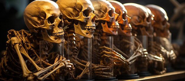 Schädel und Knochen in einer Reihe am Halloween-Tag