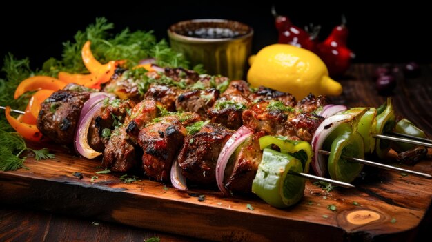 Schaschlik mit Paprika, Gemüse und Kräutern auf einem Holzbrett, leckeres und gesundes Essen in traditioneller Tradition