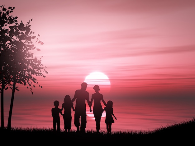 Schattenbild 3D einer Familie gegen einen Sonnenuntergangozean