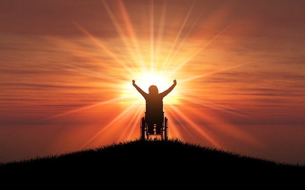 Schattenbild 3D einer Frau in einem Rollstuhl mit ihren Armen hob gegen einen Sonnenuntergangozean an