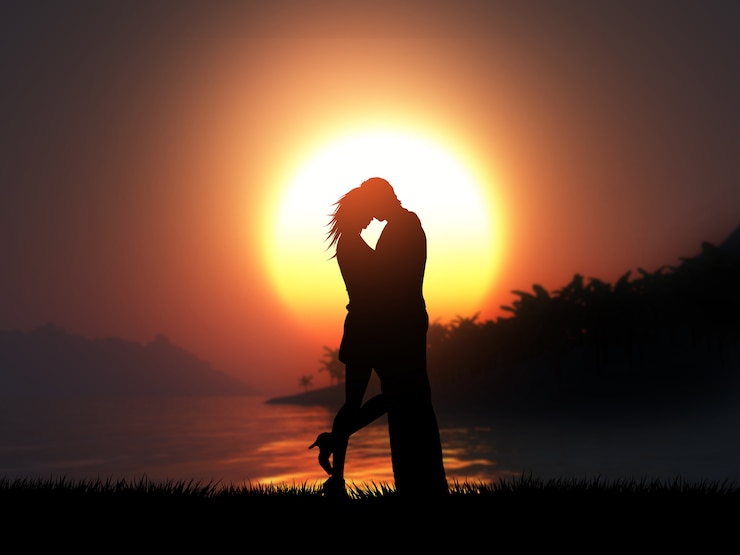 Kostenlose Foto schattenbild 3d eines liebevollen paares gegen eine tropische sonnenunterganglandschaft