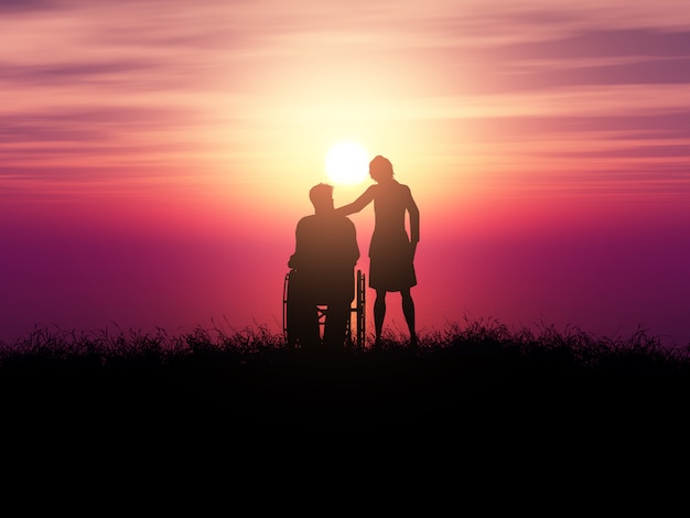 Schattenbild 3D eines Mannes in einem Rollstuhl mit einer Frau gegen eine Sonnenunterganglandschaft