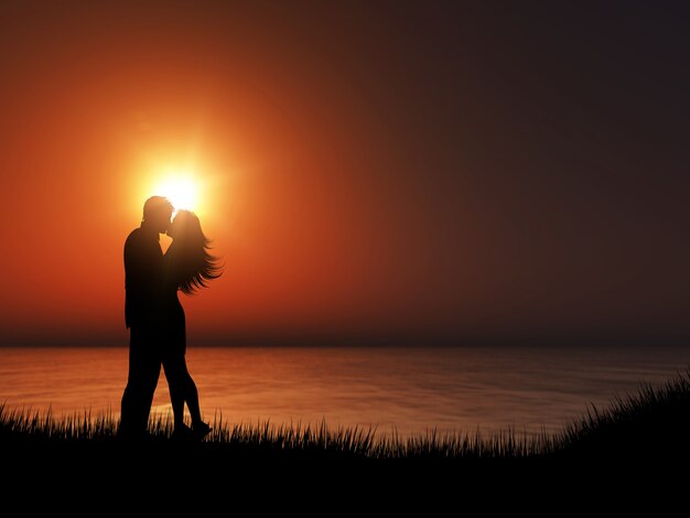 Schattenbild 3D eines Paares, das gegen eine Sonnenuntergangozeanlandschaft küsst