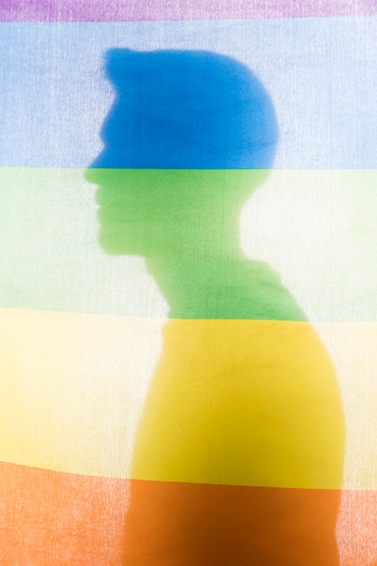 Schattenbild des Mannes hinter Regenbogenflagge