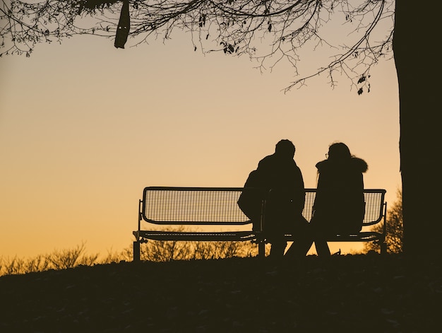 Schattenbild von zwei Personen, die auf einer Bank unter einem Baum während eines Sonnenuntergangs sitzen