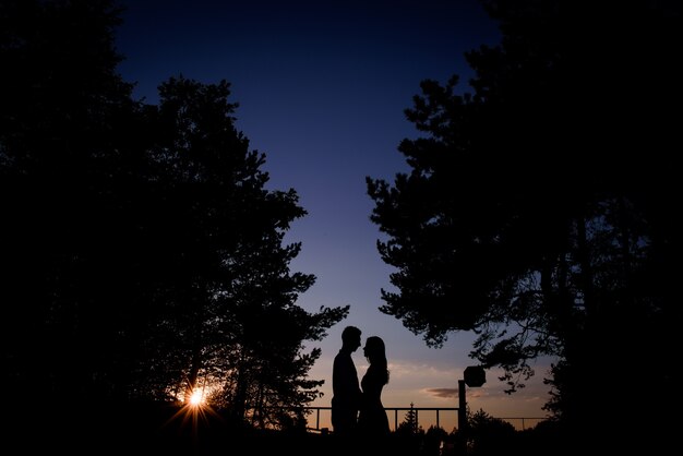 Schattenbilder eines Paares, das in den Abendlichtern steht