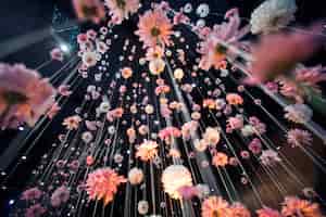 Kostenloses Foto schauen sie von unten an rosa chrysanthemen, die von der schwarzen decke hängen