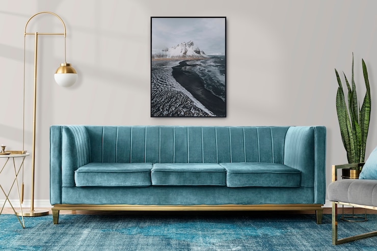Kostenlose Foto schickes wohnzimmer im modernen luxus-ästhetik-stil in blauton
