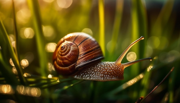 Kostenloses Foto schleimige schnecke, die auf grünem pflanzenblatt kriecht, das von ki erzeugt wird