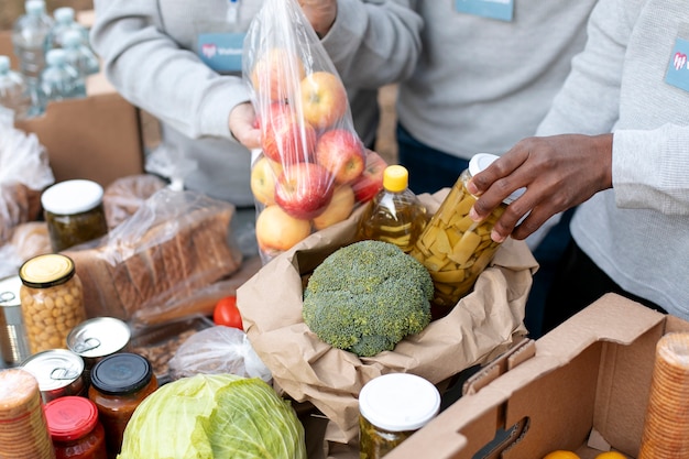 Schließen Sie Freiwillige, die Lebensmittelspenden sammeln