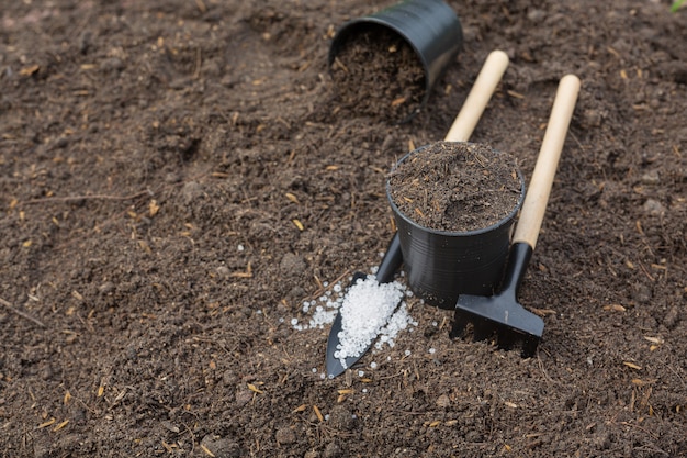 Schließen Sie herauf Bild der Gartenausrüstung, die auf Erde gelegt wird