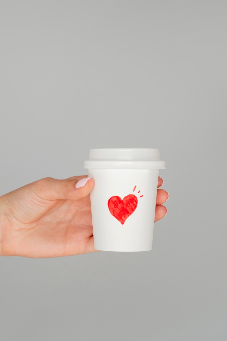 Kostenlose Foto schließen sie herauf die hand, die valentinsgrußkaffee hält