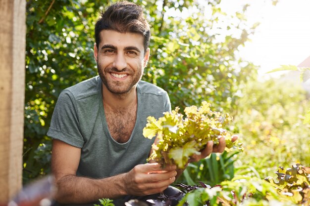 Schließen Sie herauf Porträt des schönen dunkelhäutigen bärtigen kaukasischen Bauern lächelnd, der im Garten arbeitet, sammelt Salatblätter und bereitet sich auf abendliches Treffen mit Freunden in seinem Haus vor