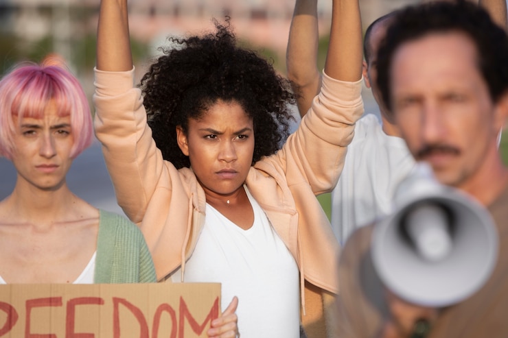 Kostenlose Foto schließen sie menschen auf, die im freien protestieren