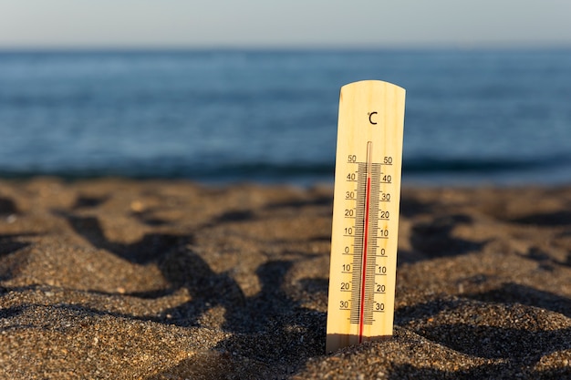 Schließen Sie oben auf dem Thermometer, das hohe Temperatur anzeigt