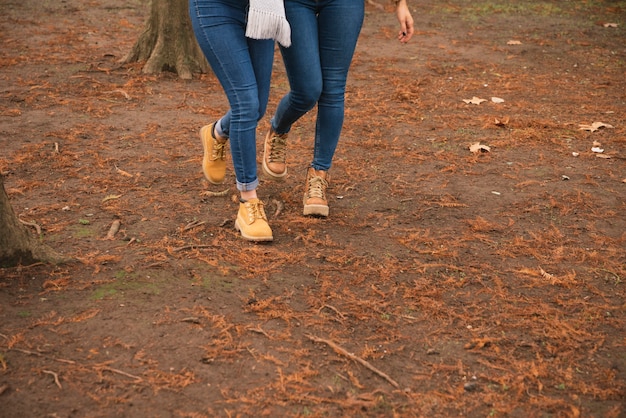 Schließen Sie oben von zwei Frauen in den Stiefeln, die in den Park gehen