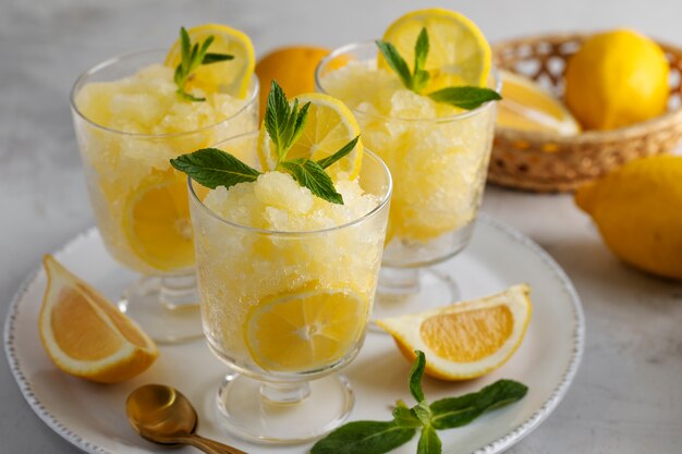 Schmackhafter Granita-Dessert mit hohem Winkel und Zitronenstillleben